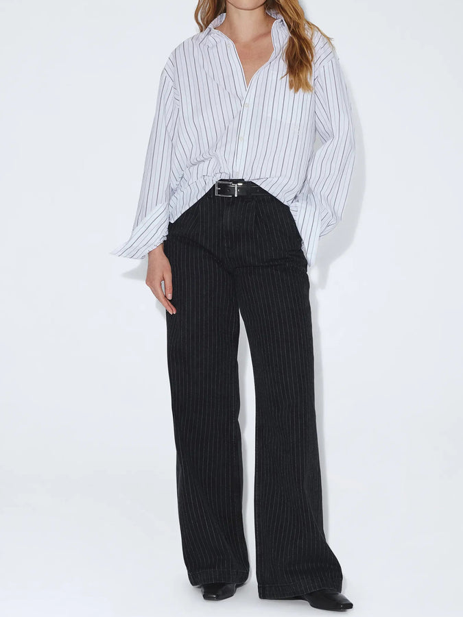 Dr. Denim Rhue High Wide Pleated Pinstripe Jeans Fall 2026 | WASHED BLACK PINSTRIPE (BN6)