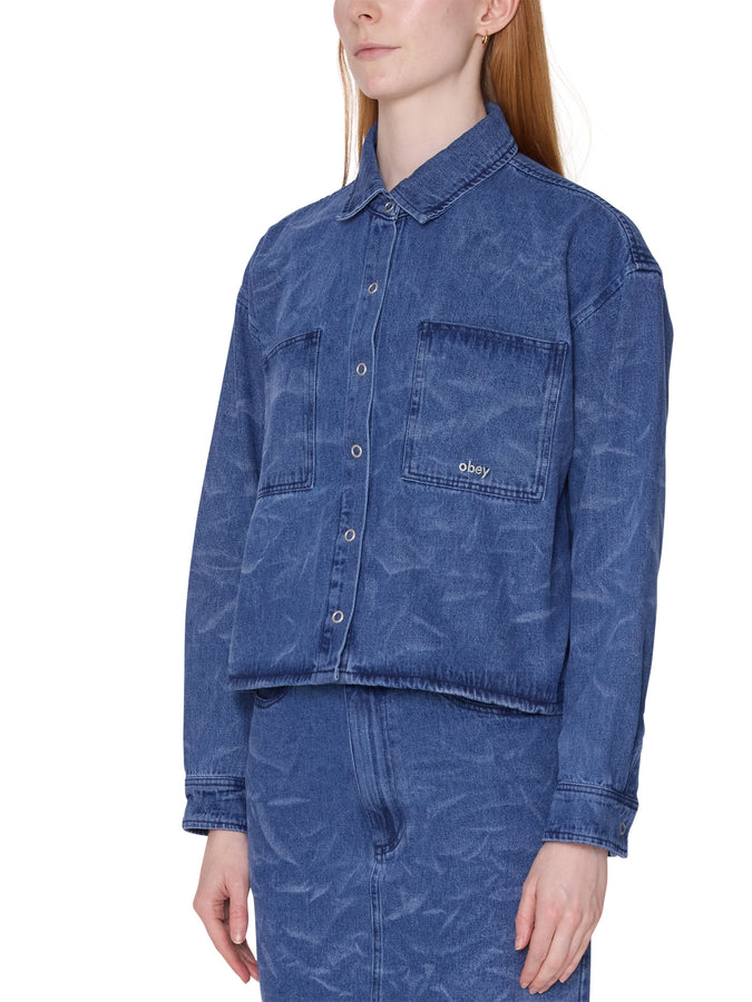 Obey Trinity Wrinkle Denim L/S Buttondown Shirt Spring 2026 | MEDIUM STONEWASH INDIGO (MSW)