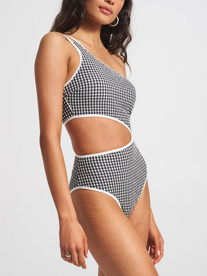 ES Gingham Texture Cami One Shoulder OP Swimsuit Summer 2026 | BLACK SAND CHECK