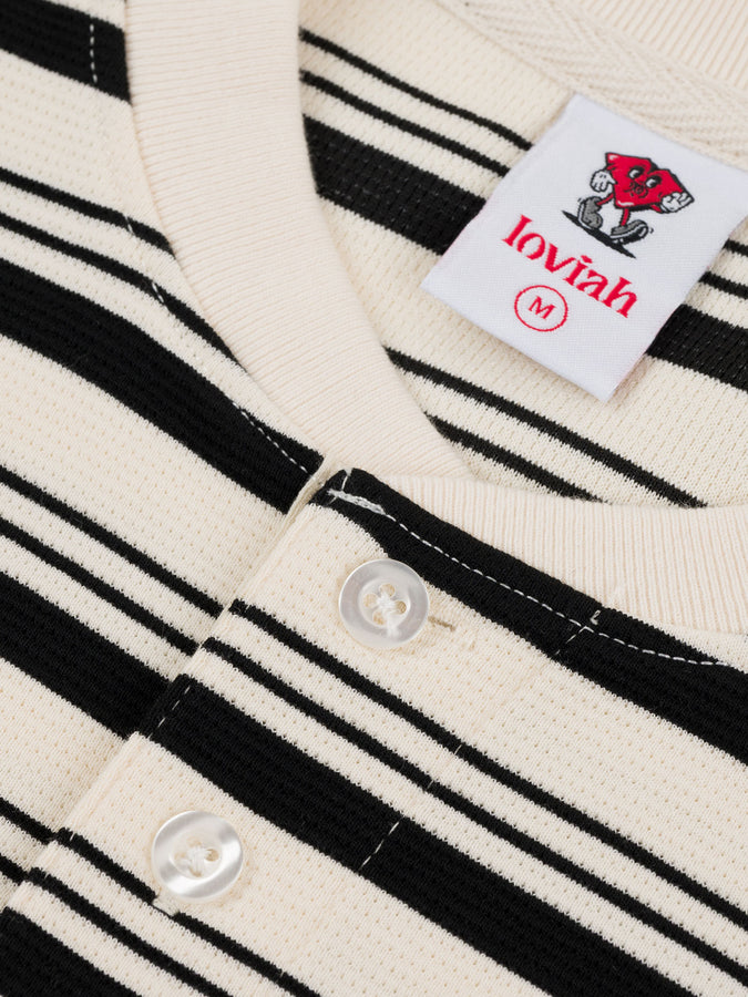 Loviah Barbaviah Waffle Henley Long Sleeve T-Shirt Fall 2026 | BLACK STRIPES