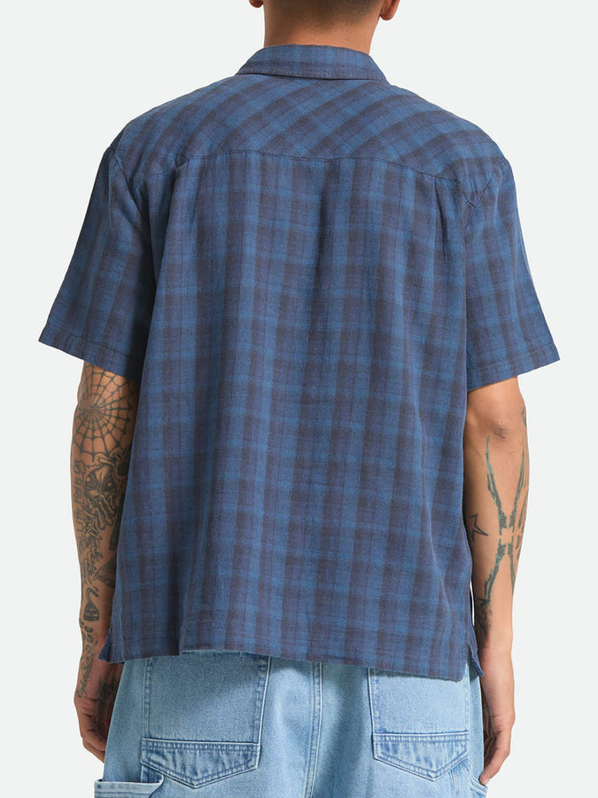 Brixton Cru Linen Blend Plaid Short Sleeve Buttondown Shirt Summer 2026 | DARK BLUE/BLACK PLAID