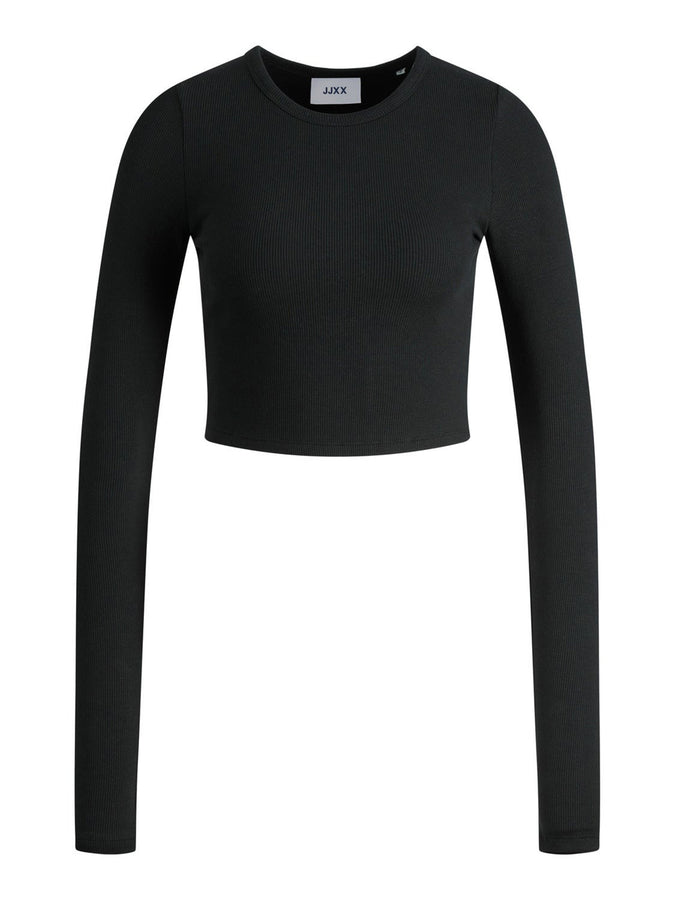 JJXX Feline Rib Crop Long Sleeve T-Shirt | BLACK