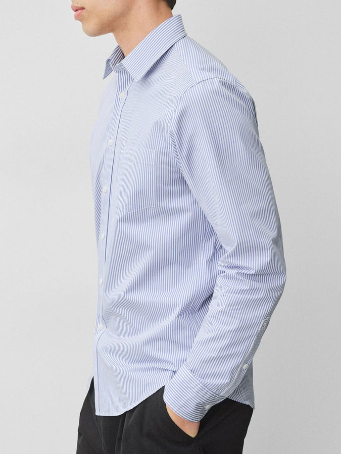 Reigning Champ Poplin Stripe Alumni Long Sleeve Buttondown Shirt | WHITE/BLUE
